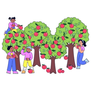 A lush fruit orchard filled with apple trees that are heavily laden with bright red apples. The trees have green leaves that contrast beautifully with the red fruit. Children of diverse backgrounds are happily picking the apples, their faces displaying joy and excitement. Some children are reaching up to grab the fruit from the branches, while others are gathering apples in small baskets. The ground is scattered with fallen apples, and the sun shines down, creating a vibrant and lively atmosphere.