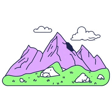 A dramatic mountain range stretches across the landscape, showcasing jagged peaks and steep slopes. Each mountain is unique, formed by multiple reverse dip-slip faults that have shifted the earth's layers over time. The surfaces of the mountains are rugged, with visible rock strata and varying textures that highlight the geological history. In the foreground, there are boulders scattered among the grass, while the sky above features a few wispy clouds, creating a sense of scale and depth to the scene. The overall formation of the mountains creates a striking silhouette against the horizon.