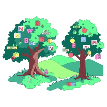A vivid landscape filled with trees that have letters and words growing like fruits. The trees have thick trunks and lush green leaves, with branches adorned with colorful letters hanging from them. Some of the fruits are in the shape of common words while others resemble individual letters, creating a vibrant tapestry of text. The ground is covered in soft grass with patches of flowers, adding to the whimsical atmosphere. In the background, rolling hills rise gently under a bright sky, enhancing the enchanting scene.