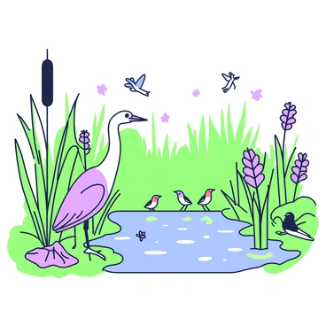 A vibrant marsh filled with lush vegetation and a variety of wildlife. In the foreground, a tall green cattail plant stands beside a calm body of water reflecting the surroundings. Several birds are seen throughout the marsh; a heron is standing gracefully at the water's edge, while a group of small, colorful songbirds flit among the reeds. Dragonflies with delicate wings hover above the water, and a small butterfly rests on a nearby leaf. The background showcases a mix of green rushes and purple flowers scattered among the marshland, with a hint of distant trees framing the scene.