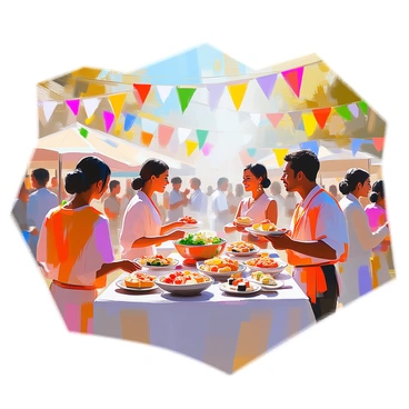 A vibrant multicultural festival taking place in a sunny outdoor setting. Colorful banners representing various countries are draped around the venue. Tables are filled with an array of dishes representing diverse cuisines, such as spicy tacos, fragrant curries, sushi, and traditional pastries. People of different ethnicities are enjoying the food, smiling, and engaging in lively conversations. A stage is set up with musicians playing instruments from various cultures, while dancers in traditional attire perform energetic dances, showcasing their heritage. The atmosphere is filled with laughter and the sounds of music, creating a joyful and inclusive environment.