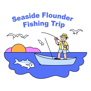 A vintage style poster featuring a seaside scene with gentle waves lapping against the shore. In the foreground, a fisherman in a straw hat stands confidently on a small boat, holding a fishing rod. The boat is painted in a light blue color, bobbing slightly on the water. Flounders are visible beneath the surface, hinting at the fishing action below. In the background, there are seagulls flying above and a distant horizon where the sun sets, casting orange and pink hues across the sky. The text "Seaside Flounder Fishing Trip" is prominently displayed at the top in bold, playful letters.