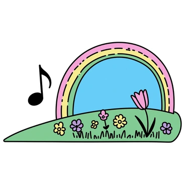 A black musical note at the left of the image transitions into a vivid rainbow that arches across the scene. The rainbow flows gracefully through the sky, leading to a landscape covered in a variety of colorful flowers. The flowers include red tulips, yellow daisies, and purple violets, all blooming vibrantly under a clear blue sky. The grassy terrain is lush and green, providing a rich contrast to the bright colors of the flowers and the rainbow above.