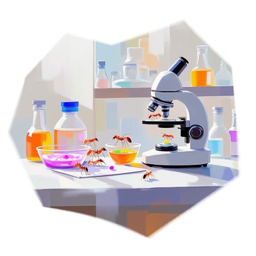 A group of ants, each carrying small morsels of food, is busy in a microbiology lab setting. The lab is equipped with several petri dishes containing various cultures, arranged neatly on a table. A microscope is positioned nearby, showcasing a clear view of a sample. The ants are seen interacting with the petri dishes, some climbing on the edges while others are working together to transport materials. The background includes shelves filled with laboratory equipment and additional scientific instruments.