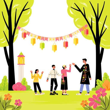 Decorative lanterns hanging from trees, illuminating a park for Nowruz evening festivities