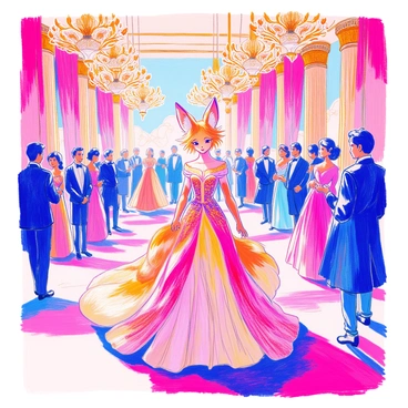 A character with fox-like features and nine tails is wearing an elegant gown that flows to the floor. The gown is adorned with intricate patterns and shimmering details that catch the light. She stands gracefully in the center of a grand ballroom, surrounded by opulent chandeliers that illuminate the space. Richly decorated walls and luxurious drapes provide a lavish backdrop. Guests in formal attire mingle in the background, adding to the festive atmosphere of the gala.