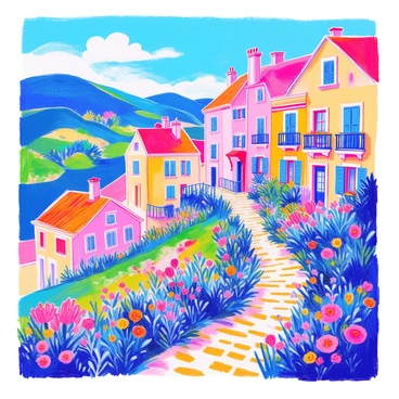 A hillside village features a series of houses, each painted in a different bright color. The houses display a variety of architectural styles, with some having peaked roofs and others featuring flat roofs. The village is nestled among rolling green hills, with patches of vibrant wildflowers scattered throughout. In the foreground, a winding cobblestone path leads up the hillside, flanked by small gardens filled with colorful blooms. Each house has unique details, such as ornate window frames and decorative balconies adorned with potted plants. The sky above is a clear blue with a few fluffy white clouds drifting by.