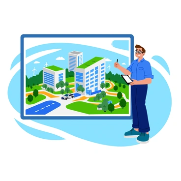 A city planner with short brown hair stands in front of a large digital screen, which displays intricate designs of futuristic architecture. The planner wears a blue shirt and glasses, and has a thoughtful expression as they sketch ideas on a tablet. The projected designs feature tall, sleek buildings with green roofs, solar panels, and large windows. Surrounding the planner are various models of sustainable urban landscapes, including parks with trees and pathways, electric public transport systems, and wind turbines in the distance. Bright, colorful concepts are showcased, emphasizing innovation and environmental harmony.