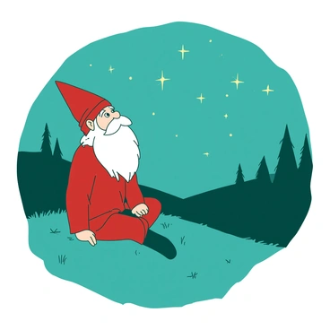 A teal nisse with a long white beard is sitting on a grassy hilltop, gazing up at a sky filled with twinkling stars. The nisse is wearing a red pointy hat and a cozy red sweater. The stars are shining brightly, casting a soft glow on the nisse's face. In the distance, the silhouettes of dark trees create a contrasting backdrop against the night sky. The landscape is serene, with gentle slopes leading down from the hilltop.