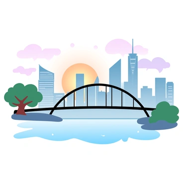 A view of Brisbane's skyline during sunset, showcasing tall buildings with distinct architectural designs against a gradient pastel sky transitioning from soft orange to deep purple. In the foreground, the Story Bridge is prominently displayed, with its steel structures outlined against the colorful backdrop. The river reflects the warm hues of the sunset, creating a serene waterway in the scene. Trees are visible on either side of the riverbank, adding greenery to the urban landscape.