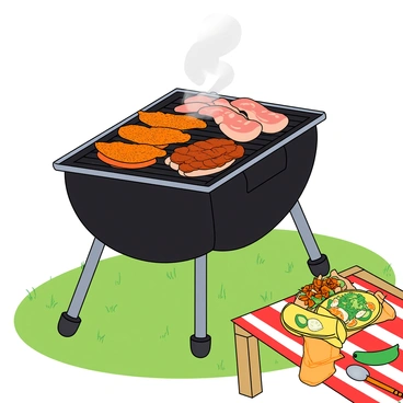 A large charcoal grill placed on a grassy patch during a sunny outdoor cookout. The grill is filled with an assortment of marinated meats, including spicy chicken strips, tender beef slices, and flavorful pork chunks, all glistening with seasoning. The grill's lid is slightly ajar, revealing the sizzling meats and smoke wafting upwards. Nearby, there are colorful taco shells and fresh toppings like diced tomatoes, shredded lettuce, and sliced jalapeños arranged on a picnic table. A set of bright utensils and condiments are also visible, ready for assembling delicious tacos.