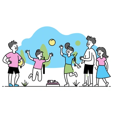 A group of five colleagues, two men and three women, are gathered in a grassy area under a bright blue sky. One man, wearing a red t-shirt and black shorts, is laughing as he holds a yellow ball. A woman in a blue blouse and white pants is reaching out to catch the ball. Another woman, dressed in a green dress, is jumping in excitement with her arms raised. The second man is in a white shirt with navy shorts, encouraging his teammates with a big smile. The last woman, wearing a pink top and denim skirt, is ready to participate, looking enthusiastic. In the background, there are a few trees providing shade and a hint of a picnic blanket spread on the ground nearby.