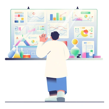 A scientist with short black hair and wearing a white lab coat is standing in front of a holographic PMAT simulation. The scientist is looking intently at the 3D display, which showcases complex data in vibrant colors. The simulation features intricate graphs, geometric shapes, and flowing lines that represent different scientific variables. Surrounding the scientist are various laboratory equipment, including beakers and test tubes resting on a gray countertop. The lighting in the lab is bright, highlighting the details of the scene and the holographic projections.