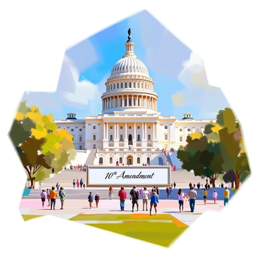 The Capitol building stands majestically, its iconic dome towering against a clear blue sky. In the foreground, a series of grand steps lead up to the entrance. Prominently displayed on the steps is a large, framed inscription of the "10th Amendment," written in elegant lettering. Surrounding the steps are lush green lawns, dotted with visitors who are admiring the architecture and taking photographs. The scene captures the significance of the building as a symbol of American democracy.