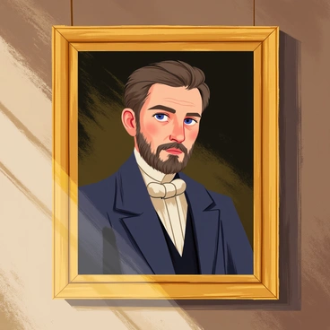 An old portrait hanging on a textured wall, featuring an ornate gold frame. The portrait depicts a distinguished gentleman with a neatly trimmed beard and piercing blue eyes. The eyes appear vivid and expressive, creating an illusion as if they follow the viewer around the room. The background of the portrait is a subtle blend of dark hues, enhancing the subject's presence. A soft, warm light casts gentle shadows, adding depth to the scene.