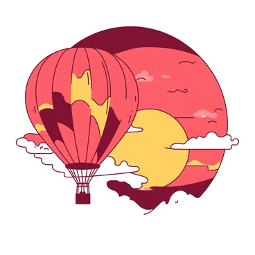 A duo of hot air balloons is floating gracefully in the sky during a vibrant sunset. The first balloon is large and round, featuring a design that combines shades of red and yellow. The second balloon is smaller with a pattern of alternating yellow and red stripes. Both balloons are gently swaying with the breeze, their colorful canopies catching the warm light of the setting sun. The sky is filled with soft clouds, illuminated by hues of red and yellow, creating a picturesque backdrop for the scene.