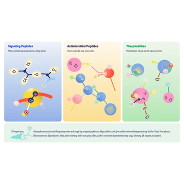 A large, colorful chart is displayed on a light background, organized into several sections that showcase different classes of peptides. The first section titled "Signaling Peptides" is highlighted in blue and includes illustrations of various signaling molecules with arrows indicating their pathways. The second section, labeled "Antimicrobial Peptides," features vibrant visuals of peptides represented as shields, providing protection against bacteria, with small bacterial icons shown nearby. The third section, titled "Therapeutic Peptides," is distinguished in green and contains depictions of peptide structures alongside their corresponding therapeutic uses, such as pain relief and hormone regulation. Each section is clearly separated with clean lines, and informative labels are presented in bold text. The overall design is clear and visually engaging, aimed at conveying information effectively.