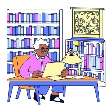 A scholar with glasses is seated at a wooden table, intently examining ancient scrolls. The library is lined with tall bookshelves filled with books, some are stacked haphazardly. A soft, warm light emanates from a nearby desk lamp, casting gentle shadows across the table. The walls are adorned with faded tapestries depicting historical scenes, enhancing the scholarly atmosphere. The scholar has a notepad beside the scrolls, ready for taking notes.