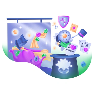 A modern pastel illustration depicting several T-cells, represented as small, animated characters with distinct colors and features, engaged in various magic tricks. One T-cell is pulling a colorful scarf from a hat while another is performing a card trick, revealing the card "Pathogen" with a flourish. In the background, a stage is set with shimmering lights and a spotlight focused on the T-cells. Additional visual elements include floating icons representing immune functions, such as shields, antibodies, and a glowing heart, arranged playfully around the scene. Each T-cell is showcasing its role in the immune response through these entertaining performances.