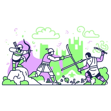 A dynamic scene depicting characters engaged in a fierce battle within a video game world. In the center, a warrior with a sword is swinging at an armored enemy, who is raising a shield to block the attack. To the left, an archer is positioned on a rock, drawing back an arrow in preparation to fire. On the right, a mage is casting a spell, with swirling energy forming around their hands. In the background, a ruined castle looms, and various creatures can be seen lurking in the shadows, adding to the intensity of the battle. The ground is littered with weapons and debris, suggesting a prolonged conflict.