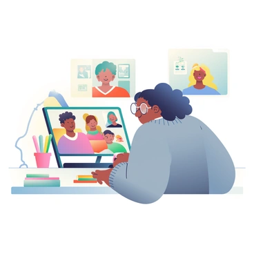 An illustrator participating in a virtual meeting with clients on a laptop.