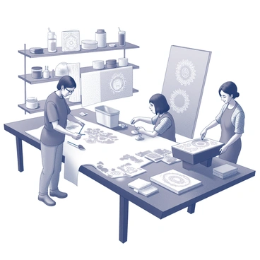A creative workspace with various tools and materials used for making a foulard. There is a large table covered with white fabric, partially dyed with intricate patterns. Several containers filled with dye are scattered across the table. One person is carefully applying dye with a brush, while another is operating a printing press, pressing a design onto the fabric. In the background, shelves hold different patterns and textiles, showcasing the craft’s complexity and artistry. Various brushes, sponges, and tools for mixing colors are arranged neatly on the side.