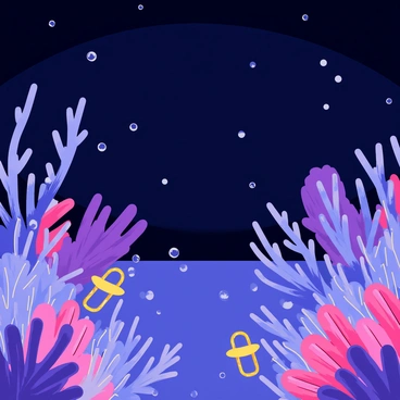 A vibrant coral reef scene at night featuring a variety of coral formations in shades of purple and blue. Glowing bioluminescent creatures, such as jellyfish and small fish, illuminate the surrounding water with soft, radiant colors. The surface of the water reflects silvery moonlight, creating a shimmering effect. Small bubbles rise from the coral, adding movement to the tranquil underwater environment.