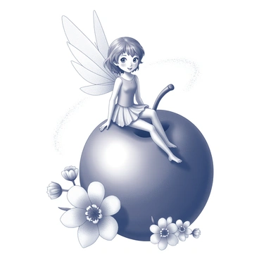 A small fairy with delicate wings sits atop a large, round plum. The fairy has intricate details on her wings, which are slightly translucent, allowing intricate patterns to be visible. Around her, tiny flowers bloom with abundant petals, adding a natural touch to the scene. A trail of sparkling dust surrounds the fairy, creating a magical atmosphere. The fairy has a playful expression and wears a dress made of flower petals, blending harmoniously with her surroundings. The plum's surface is smooth and shiny, providing a contrasting texture to the soft flowers around it.