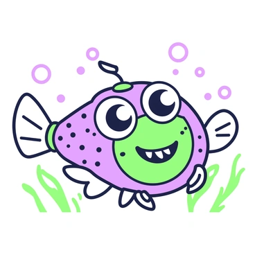 A cartoon-styled anglerfish is depicted swimming in the ocean. The anglerfish has large, exaggerated eyes that convey a playful expression, accompanied by a big smile showing its teeth. Its body is rounded with a wide mouth and a prominent bioluminescent lure extending from its forehead. The skin texture is bumpy, and the fins are exaggerated in size, creating a whimsical appearance. Surrounding the anglerfish, small bubbles are rising, and there are faint outlines of seaweed in the background.