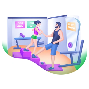 A personal trainer demonstrating "step-ups" to a client in a gym setting. The trainer is wearing a black tank top and blue shorts, showcasing a focused expression. The client, a person in athletic wear, is attentively watching the trainer's movements. In the background, there are various gym equipment like weights, a bench, and a mirror reflecting the scene. The floor is made of polished wood, and there are motivational posters on the walls with phrases like "Push Your Limits" and "Stay Strong."