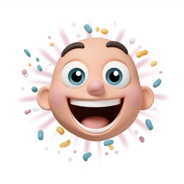 A lively animated face with large, round eyes sparkling with delight. The eyebrows are raised, accentuating the expression of joy. The mouth is open wide in a big smile, showcasing bright, white teeth. The cheeks are rosy and slightly puffed, adding to the overall excitement of the face. The background features a burst of colorful confetti to enhance the atmosphere of celebration.