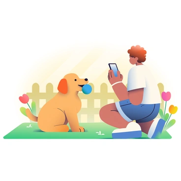 A playful puppy with a golden coat is sitting on a grassy lawn, holding a bright blue squeaky toy in its mouth. Its ears are perked up, and its tail is wagging excitedly. Nearby, a person with light skin and curly hair is crouching, holding a smartphone up to capture the moment. The person is wearing a white T-shirt and denim shorts. Sunlight is shining brightly, illuminating the scene and creating soft shadows on the ground. In the background, there are vibrant flowers and a wooden fence, adding to the cheerful atmosphere of the moment.