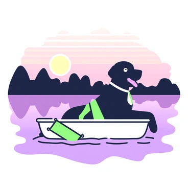 A black labrador is sitting comfortably in a boat floating on a lake. The dog has its tongue out and ears flapping in the gentle breeze. The boat is small and wooden, and it is reflected in the water. In the background, there are silhouettes of trees along the shoreline. The sky above is filled with a gradient of colors as the sun sets, casting warm reflections on the water's surface. The lake is calm, with small ripples creating a unique pattern. On the boat, there is a green life jacket lying next to the dog.