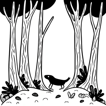 Tall, slender trees with intricate bark patterns stand close together in a vintage forest. Branches extend outward, swaying gently as if whispering secrets. The ground is covered with fallen leaves and twigs, creating a textured surface. Sunlight filters through the canopy, casting delicate shadows on the forest floor. Small plants and ferns peek through the underbrush, adding depth to the scene.