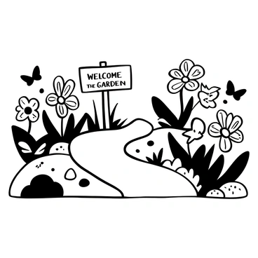 A garden path winding through a lush landscape, bordered by flowers that are distinctively shaped like bow ties. Each flower features intricate patterns within its bow tie form, creating a diverse display. Alongside the path, there are small pebbles and patches of grass intermingling with the vibrant floral arrangements. A wooden signpost with the words "Welcome to the Garden" stands at the entrance of the path. A few butterflies flutter around, adding movement to the tranquil scene.
