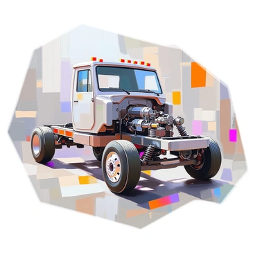 A detailed view of a truck's chassis showcasing all its structural components. The chassis is shown from a slightly elevated angle to capture the intricate details. Various parts such as the frame, axles, suspension, and transmission are clearly visible. Each component is labeled with clear, bold text indicating its name, such as "Frame," "Axle," "Suspension," and "Transmission." The colors of the parts vary, with metallic gray for the frame, black for the axles, and other colors for various components to enhance clarity. The background features a subtle automotive workshop setting, emphasizing the mechanical theme.