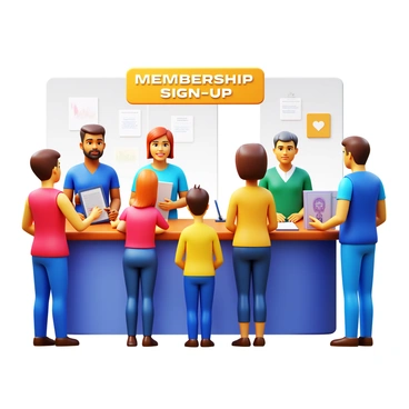 A membership desk located within a local club environment. The desk is adorned with a bright sign reading "Membership Sign-Up". There are multiple people interacting with the staff behind the desk, some filling out forms while others are asking questions. A friendly staff member is engaged with a young woman, providing information about the club's offerings. Nearby, a middle-aged man is writing his information on a clipboard, and another individual is checking out brochures displayed on the desk. The background shows club decorations and a welcoming atmosphere.