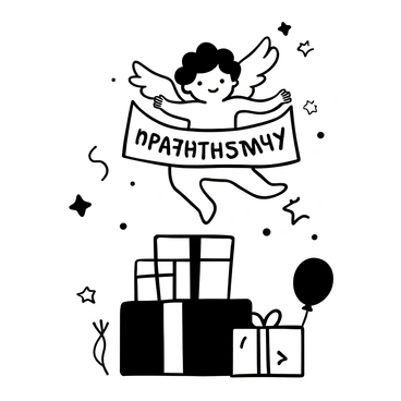 A cherub with delicate wings is holding a banner that reads "Happy Birthday." The cherub is depicted in a playful pose, floating gently above a pile of wrapped gift boxes. Surrounding the cherub and the gift boxes are various small decorative elements like stars and balloons. The overall composition is balanced and harmonious, emphasizing the celebratory theme.