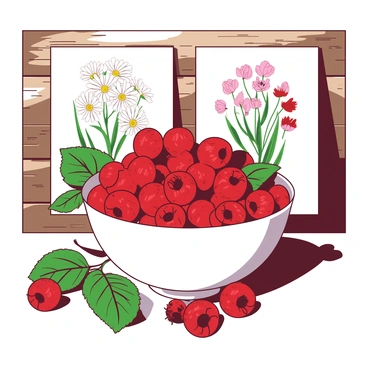A white bowl filled with vibrant red raspberries is placed on a wooden table. Surrounding the bowl are several green leaves, some partially overlapping the bowl's edge. In the background, there are old botanical prints displayed on a rustic wall, showcasing detailed drawings of various plants and flowers. The arrangement of the raspberries and leaves creates a natural, organic composition in the foreground.