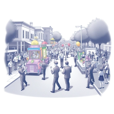 A small-town street filled with people enjoying a parade. Various marching bands are playing music while walking in unison, wearing matching uniforms. Colorful floats are decorated with vibrant decorations, each representing different themes or local organizations. Crowds line the sidewalks, some waving flags and others holding balloons. Children are laughing and pointing at the floats, while adults are chatting and taking photos. Trees line the street, providing some shade on the festive day.