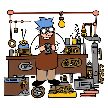 An anime inventor with spiky blue hair and large round goggles is standing in a cluttered steampunk-inspired workshop. He is wearing a brown leather apron over a white shirt and beige trousers. Surrounding him are various gadgets, including brass gears, steam-powered contraptions, and intricate tools scattered across a wooden workbench. Large copper pipes run along the walls, and a glowing light bulb hangs from the ceiling, illuminating the workspace. The inventor is focused on adjusting a small mechanical device in his hands, showcasing his dedication and creativity.