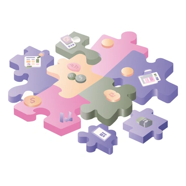 A digital flat illustration featuring a large, colorful puzzle piece that represents different aspects of finance. The puzzle piece is divided into sections, each filled with icons symbolizing various financial elements such as a calculator, a dollar sign, bar graphs, and coins. The background consists of a light blue color to create a stark contrast with the vibrant colors of the puzzle piece. Surrounding the puzzle piece are smaller pieces that are also colorful, suggesting they are in the process of fitting together. Each smaller piece contains symbols like a bank, a credit card, and a piggy bank, emphasizing the theme of finance integration.