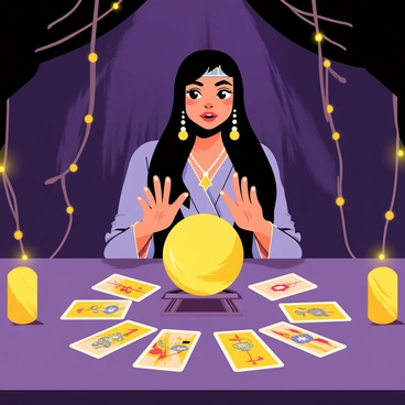 A mystic fortune teller in a dimly lit tent, gazing into a crystal ball with tarot cards spread out