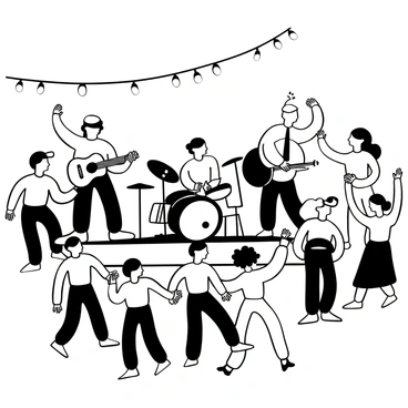 A live band consisting of a guitarist, a drummer, and a bassist is positioned on a small stage. The band members are actively playing their instruments, with musical notes visibly emanating from them. In front of the stage, a group of guests is dancing joyfully, with some holding hands and others raising their arms. Tables adorned with white tablecloths can be seen in the background, and decorative lights are hanging from the ceiling. The ambiance is lively, filled with movement and energy as guests enjoy the music and celebrate.