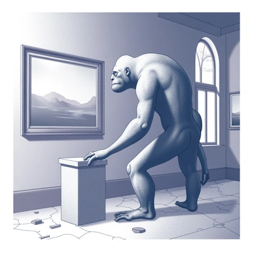 A large, hulking monster with rough, textured skin stands in an abandoned art gallery. The monster is hunched over, its elongated arms resting on a dusty pedestal as it contemplates a faded painting hanging on the cracked wall. The gallery is filled with cobwebs and the remnants of broken frames scattered across the floor. Dim light filters through broken windows, casting shadows around the room. The painting depicts a serene landscape, contrasting sharply with the monster's imposing figure. The atmosphere is heavy with silence, emphasizing the creature's focused gaze on the artwork.