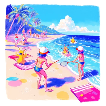 A group of trainers stands on a sandy beach, surrounded by bright blue sky and gentle waves. Two trainers are wearing colorful swimwear, holding nets and looking eagerly at the water. One trainer is crouching down, splashing water as they attempt to catch a water-type Pokémon that is leaping out of the waves. In the background, several trainers can be seen in a playful competition, pointing excitedly towards the ocean. Palm trees sway in the warm breeze, and beach towels are spread out nearby, adding to the vibrant atmosphere of a fun day at the beach.