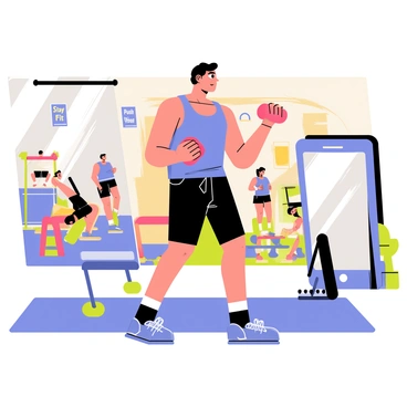 A fitness instructor with a muscular build is demonstrating an arm workout in a lively gym environment. The instructor is wearing a bright blue tank top and black workout shorts. They are holding a pair of red dumbbells and showing a bicep curl. Surrounding the instructor are various gym equipment, including exercise mats, weight machines, and a large mirror reflecting the vibrant atmosphere. In the background, several gym-goers are engaged in different workouts, creating a sense of energy and activity in the scene. The walls are adorned with motivational posters that read "Stay Fit" and "Push Yourself."