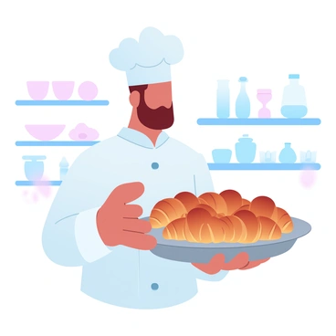 A pastry chef is standing in a bright kitchen, wearing a white chef's coat and a traditional chef's hat. The chef is holding a large silver tray that is filled with golden-brown croissants, all neatly arranged. The croissants have a perfectly flaky texture, glistening slightly as they catch the light. In the background, there are shelves lined with various baking ingredients and utensils, adding to the atmosphere of a professional kitchen. The chef has a confident stance, showcasing pride in their work. The scene is infused with warm, inviting gradient pastel colors.