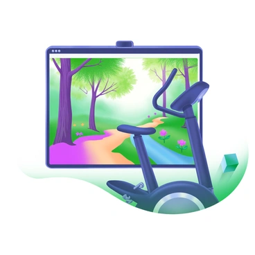 An exercise bike with a screen displaying a beautiful virtual forest path