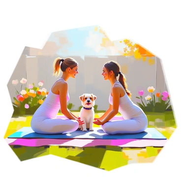Two sisters are in a backyard, both wearing comfortable athletic wear suitable for exercising. One sister has long brown hair tied back in a ponytail, while the other has short curly blonde hair. They are positioned on yoga mats, facing each other, with smiles on their faces. The sun casts soft shadows around them, and there are green grass and blooming flowers in the background. A playful dog is nearby, watching them with interest. The scene captures a sense of encouragement and camaraderie as they perform pelvic floor exercises together.